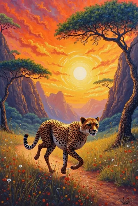 Handmade painting of cheeta running in wild and sunset in background, rocks and trees