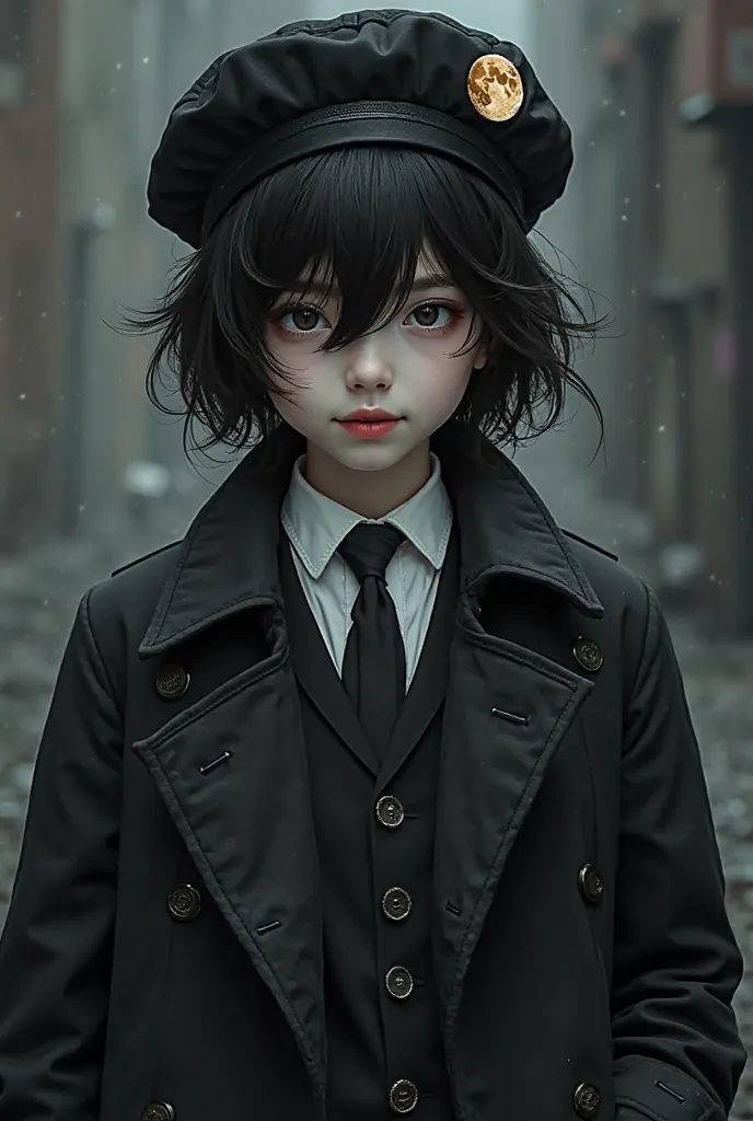 Create a 16-year-old human wearing an elegant suit with a trench coat on top,a beret with a print of 2 moons,White boots and gloves,black eyes and hair and smiling with pointed teeth.