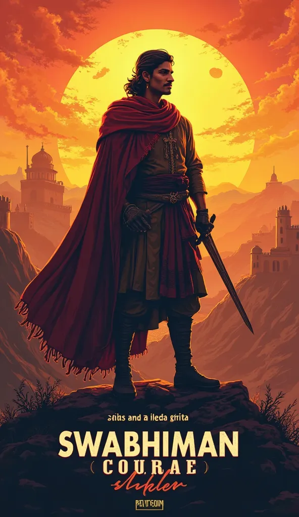 An inspirational illustration showing a silhouette of Maharana Pratap holding a sword against a rising sun. Below, the words "Swabhiman" and "Sahas" appear in bold, with a background of Mewar’s forts and mountains, symbolizing courage and pride.