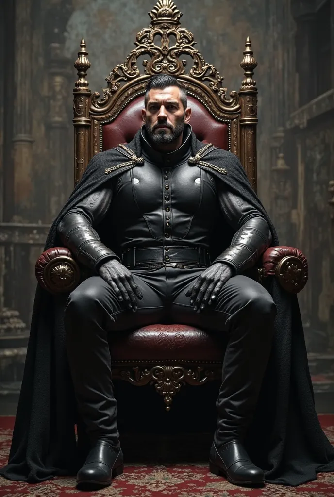 Amuscle  ,large Bara Body, , 25 years , muscular,Ted cetim cape,undercut hair, Beard Silverjow, style, short hair, Large arms, large huge thighs man evil black  suit king With a crown of tpoint , with an imposing pose. Sitting on a throne 