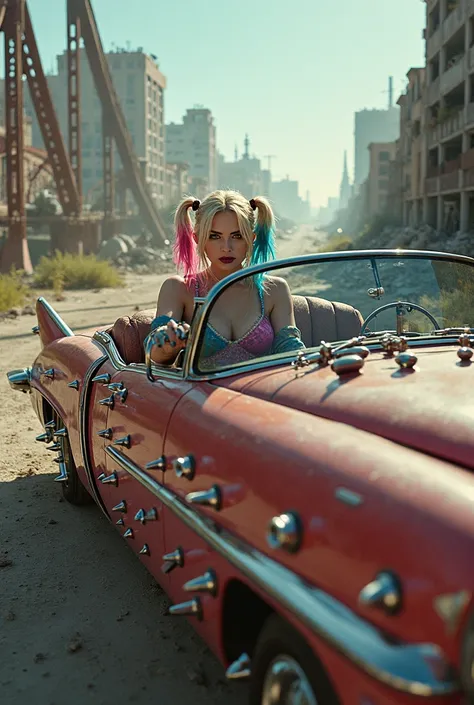 Harley Quinn blonde hair half pink half blue and a faithful image of an old rusty 1955 Eldorado Cadillac with spikes and spikes on the hood, military style with modifications,  he runs along a destroyed viaduct in the middle of a post-apocalyptic city , st...