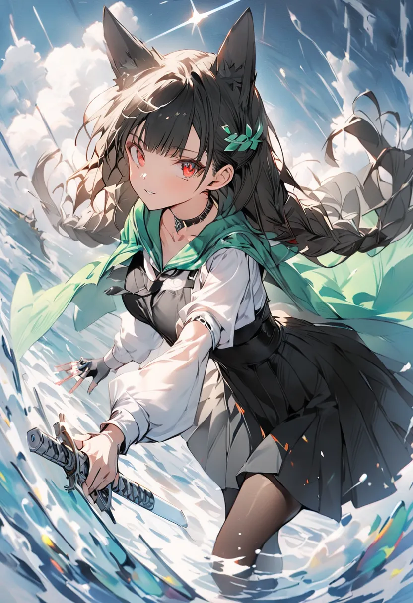 Hoshimi、 red eyes、 black hair、very long hair、Blunt bangs、Braids Half Up、 fox ears green cape 、 shoulder jacket、 fingerless gloves 、left mechanical arm 、Gauntlet、 white shirt、 Long Sleeve、black tie、 black skirt、HIGH WAIST SKIRT、pantyhose、long skirt with low...