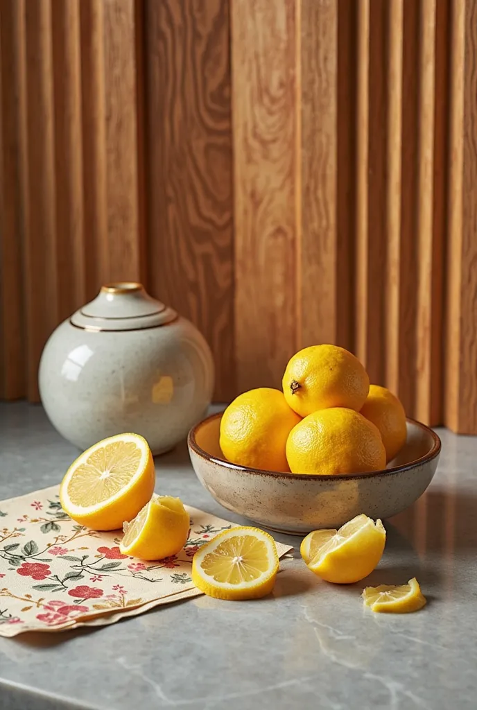 Create a striking food photo that blends the fresh zest of grapefruit with rich textures and vintage-inspired patterns. Picture a vibrant still life: slices of lemon artfully arranged on a sleek marble surface, their juicy, sun-kissed yellows popping again...