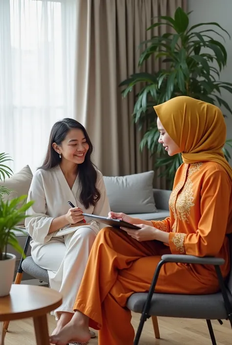 A cozy indoor setting featuring a Malay masseuse in an orange uniform with a mustard yellow hijab, sitting on a modern chair with batik details on her outfit. She is warmly engaging with a Chinese postpartum mother in a white, loose-fitting outfit, who is ...