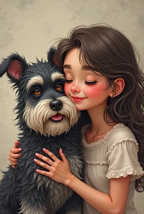 Schnauzer dog with longer black hair with a little bit grey and a 20 year old woman with freckles and dark blond wave hair 