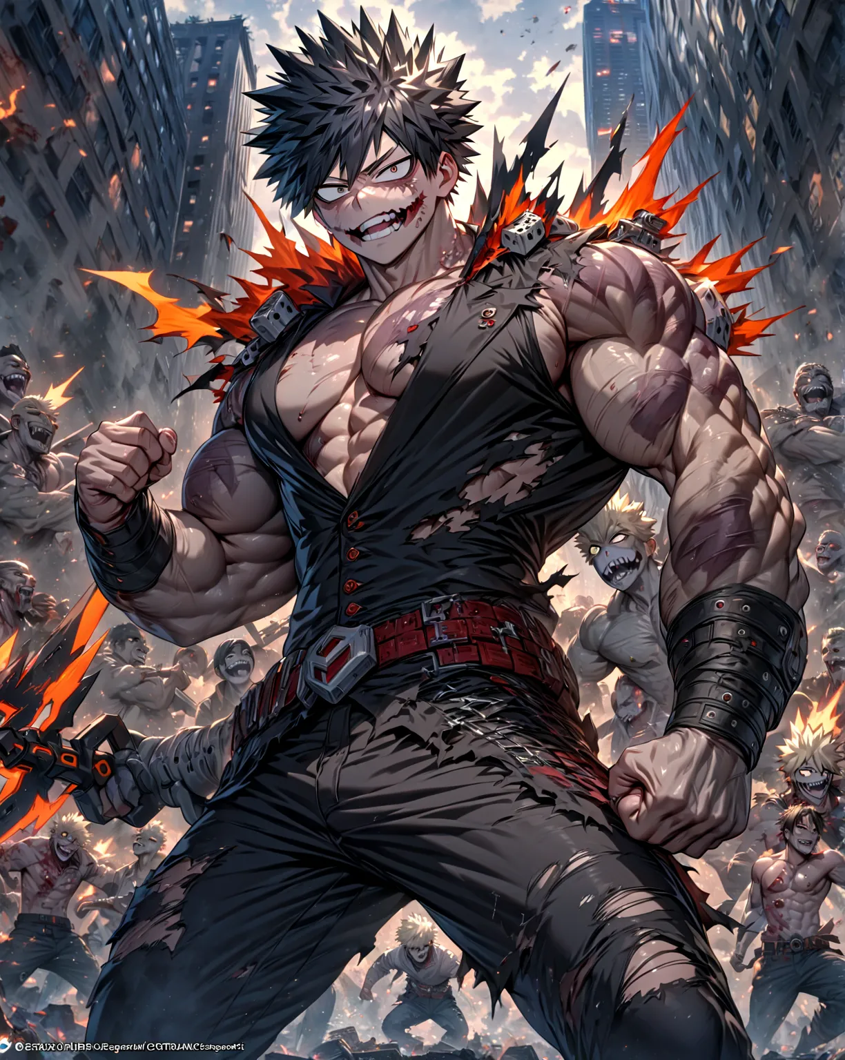 absurdres,  highres,  ultra detailed, HDR-10, masterpiece, bakugo katsuki, black hair, expressive gray eyes,  torn clothes, Boku no Hero Academia, sexy man, Alone , The best quality, fancy, sensual,  round,  elegant, Manly man, [ mature man. In a Zombie Ap...