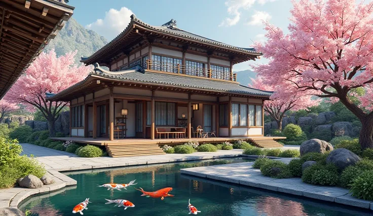 Japanese style house and courtyard with small greeny pond with fish in the water and cherryblossomtree.hyper realistic 