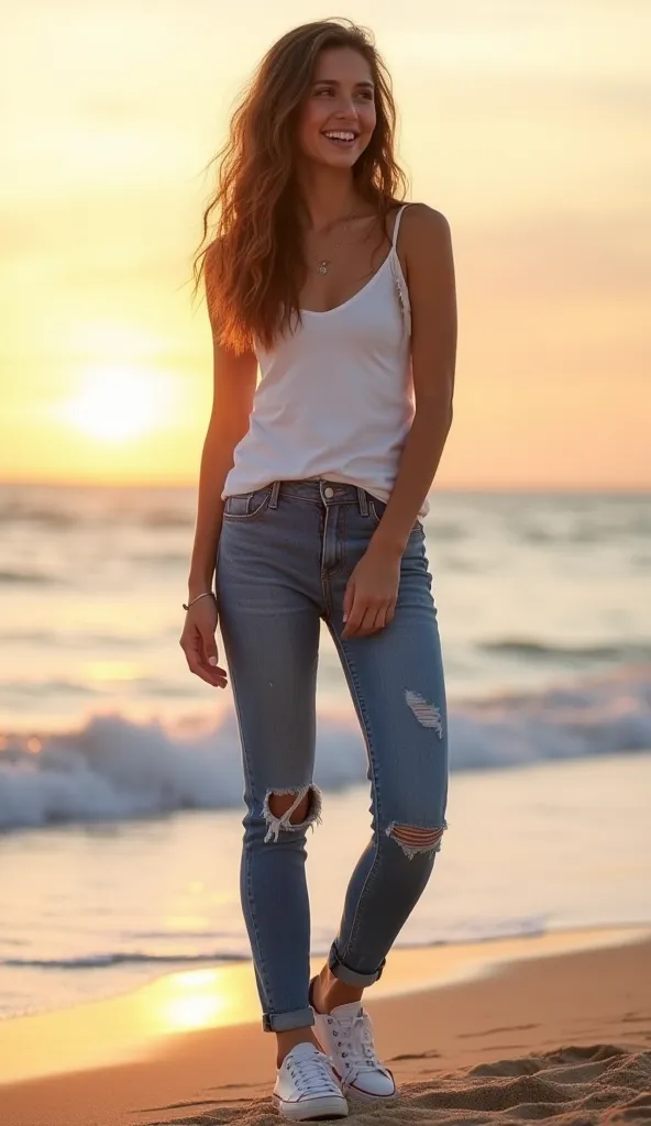 A full-body portrait of a young woman in her mid-20s with long wavy brown hair, wearing a casual outfit consisting of a white tank top, blue jeans, and sneakers. She is standing on a sandy beach during sunset, looking slightly to her left with a relaxed sm...