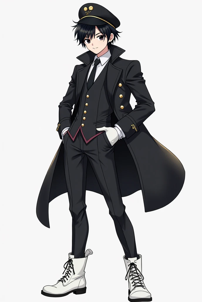 Create a 16-year-old human male who wears an elegant suit with a black trench coat on top,a beret with a print of 2 moons,White boots and gloves,black eyes and hair and smiling with pointed teeth.In the modern manga style 