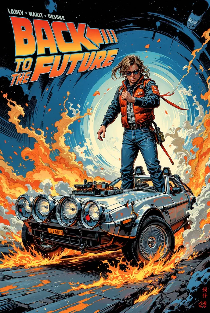 movie( Back to the Future) Photo illustration by Dean ,  futuristic stainless steel body design, movie ,  is equipped with alloy wheels of different sizes on the front and from behind , wedge-shaped car body design ,  moment, when DeLorean travels back in ...