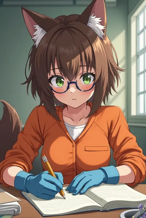 A prisoner wolf female, brown short hair, brown wolf ears, brown wolf tail, No human ears, green eyes color, glasses, blue rubber gloves, Orange prisoner jumpsuit, she writting novel on paper with pencile, she felt sadness, papers and penciel on desk, in t...