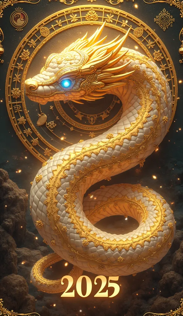 A majestic, glowing serpent representing the Snake zodiac (Tuổi Tỵ), with radiant, mystical blue eyes, coiled gracefully with an aura of wisdom and power. The serpent is adorned with intricate golden armor, engraved with ancient symbols of prosperity, fort...