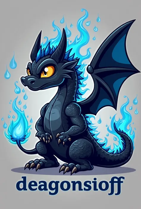 Create me a mascot logo that the mascot is a black dragon and blue flame and with a hearing aid and below it has the letters"Deagonsito ff"