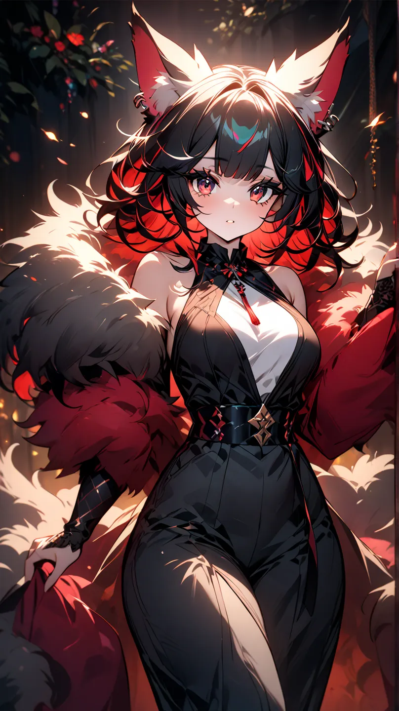 1 girl,  eyelashes, random expression:0.6, zitoida,multicolor hair,big breasts,  black hair,  hair between eyes, red eyes,masterpiece, Highest quality,fur, chemo mimi,Animal Ears,Big tail,Alluring