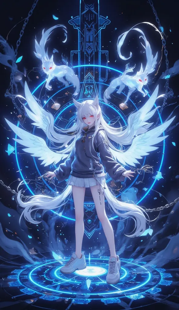 8k(demonic pair of wings:1.3),glowing effects,,awardwinning, 8k,masterpiece,superpowers,cinematic,epic, mythsxl style,Mystical anime characters with long white hair and glowing red eyes, wearing hoodies, skirts, sneakers, standing inside an intricate glowi...