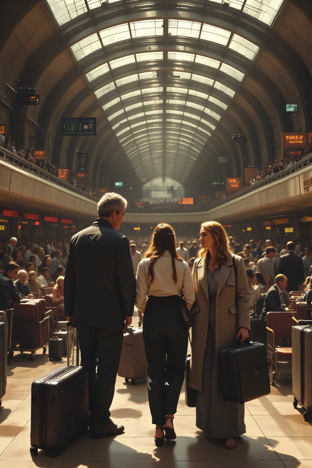 18-year-old girl with her parents at the airport 1980, ready to travel with suitcases 