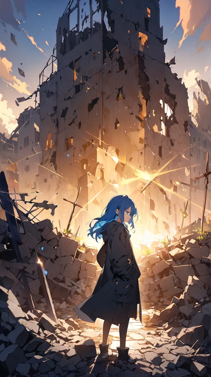 fantasy seen down、ruins、inflammation、rubble、pocket、armor、Cape、1 girl, solo,  long hair,  blue eyes,  black hair, sword、Dutch angle, necklaces、 lens flare, background blur,  silhouette、