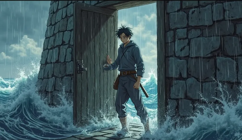 Martin opening the heavy lighthouse door against the wind, with rain and spray immediately hitting him, Studio Ghibli,  main character, emotional, 8k, Ultra HD, high