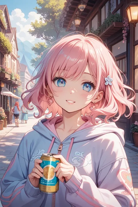 blue hanging eye,pink long wavy hair,Big Breasts,cute, girls on the left, Zip Up Hoodie , has bangs