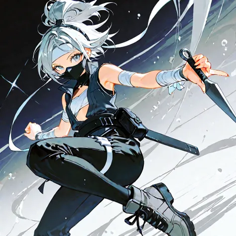 core_9, score_8_up , score_7_up , score_6_up , score_5_up , score_4_up ,  1girl ,  Silver Hair,short topknot, Eyes that shine with youthful energy and curiosity, Bandages on both shins, Black Ninja Mask, White sardine on the chest , white bandages on both ...