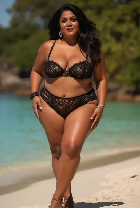 A full body photo of a sexy, curvy plus size dusky model indian brown skin milf,nayan. She's wearing a micro string bikini that hugs her figure, standing with black heels, showcasing her thick 50 year old milf Indian thighs. She has very big saggy breasts....