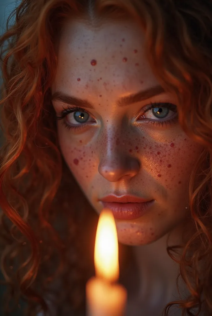 Create hyperrealistic image:
 Description :  Red-haired woman  ,very curly and very long hair, blue eyes. A close up of intense eyes, slightly squinted, with dilated pupils that reflect a faint glow, as if they were keeping a secret. The surrounding skin h...