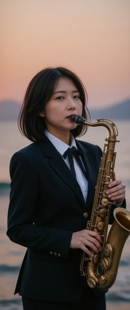 DRAMATIC SCENE, shadow, Rim Lighting, Alone,  retro female student photo :1.331, realistic, Beautiful Japanese woman's face, At the border of the sea quay:1.5, She is playing soprano saxophone:1.5, side view :1.331, 非常にrealisticな写真,  super real, photoreali...