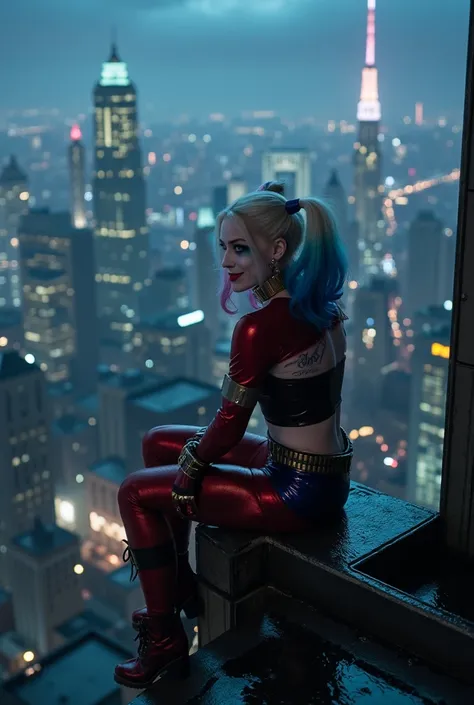 Hyper-realistic, cinematic, dark Gotham City skyline at night. The sky is foggy, neon lights reflecting on the wet rooftops. Harley Quinn sits on the edge of a tall skyscraper, looking down at the chaotic city below. She wears a tight red and black latex b...