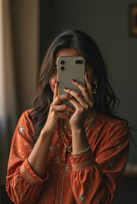 Make a profile picture of mirror selfie of a indian girl take reference from Instagram pictures of girls and make her wear kurti and photo is taken on changing room make her happy and hold phone infront of her face make lighting a little more dim and camer...