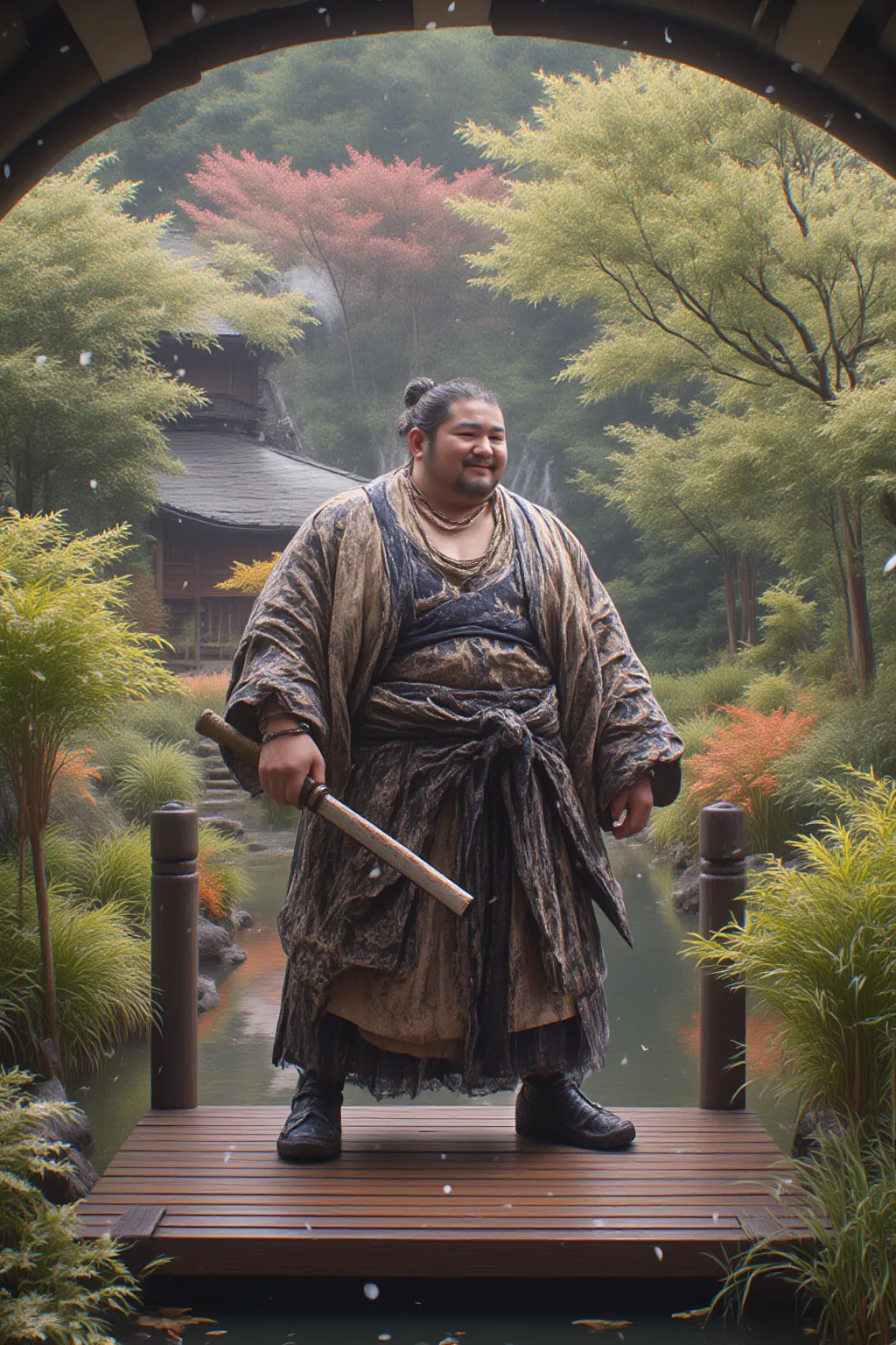 Japanese Garden、warrior、Armor、 Japanese sword、 Japanese swordを構える、standing on a bridge over a pond、１man、 male、fat、 Japanese、20 years old、smile、obesity、snow