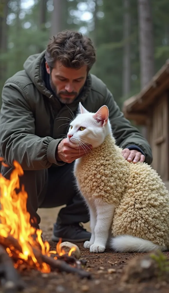 A man is petting a cat. The cat looks white but its entire body is covered in a beehive-like structure. There is a fire burning on some wood next to them, and in the background there is a forest and a hut behind them.And the cat's body looks like the struc...