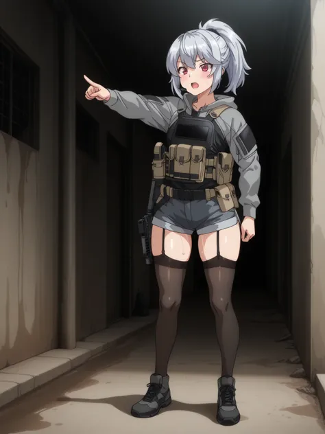 A tactical anime-style adult female soldier wearing tactical gear with wet shorts {x} and a fleshy, glamorous figure。 with short silver hair tied in a ponytail with a navy hair band 、 red eyes。Anxious expression。equipped with black tactical armor over a gr...