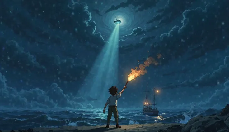 A wide shot showing Martin's small figure with the flare held high, the boat in the distance, the lighthouse beam sweeping overhead, and the storm all around them, Studio Ghibli, main character, emotional, 8k, Ultra HD, high