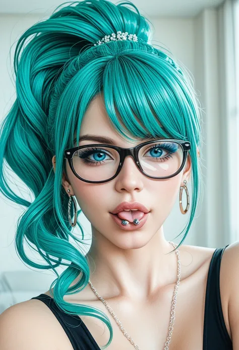 1 девушка, рок стиль, long dyed turquoise hair, gathers it in one ponytail or in two brags on both sides, bright blue eyes, wears glasses, plump beautiful lips (lower lip piercing), tongue piercing (loves to play with it), perfect hourglass physique, beaut...