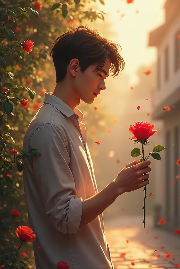 An 20 years old boy with rose for crush