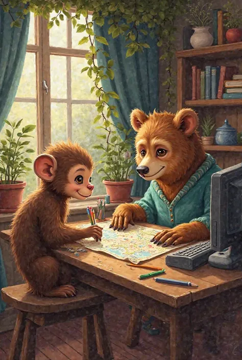 A young monkey sits at a table, drawing a map, and a bear works on a computer.