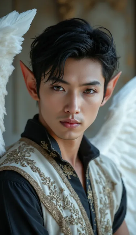 An Chinese looking male elf with short, messy black hair and a pair of large pure white feathered angel wings on his back. He has piercing blue eyes, and pointed ears. He wears a regal gown with intricate silver embroidery. His expression is calm, mysterio...