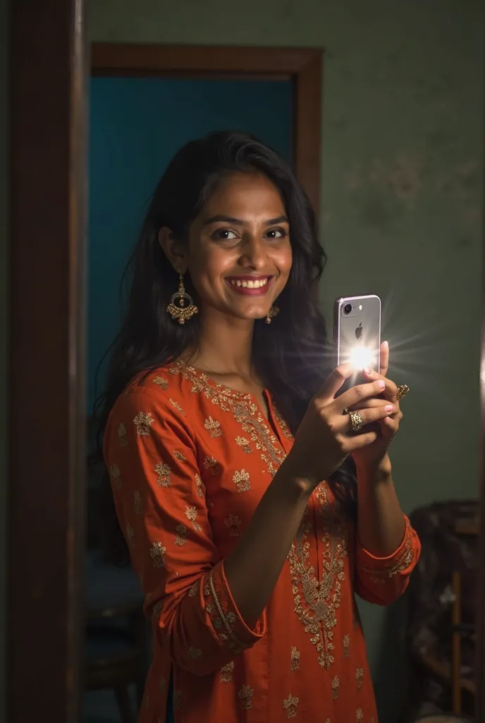 Make a profile picture of mirror selfie of a indian girl take reference from Instagram pictures of girls and make her wear kurti and photo is taken on changing room make her happy and hold phone infront of her face make lighting a little more dim and camer...