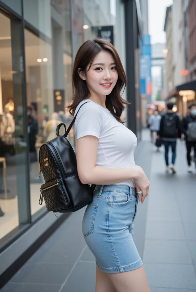 A Korean woman posing outside a shopping mall, wearing a very short denim tight skirt, big smile, carrying Chanel backpack , wearing a diamond ring, slim with huge breast, tight tee shirt，from behind 