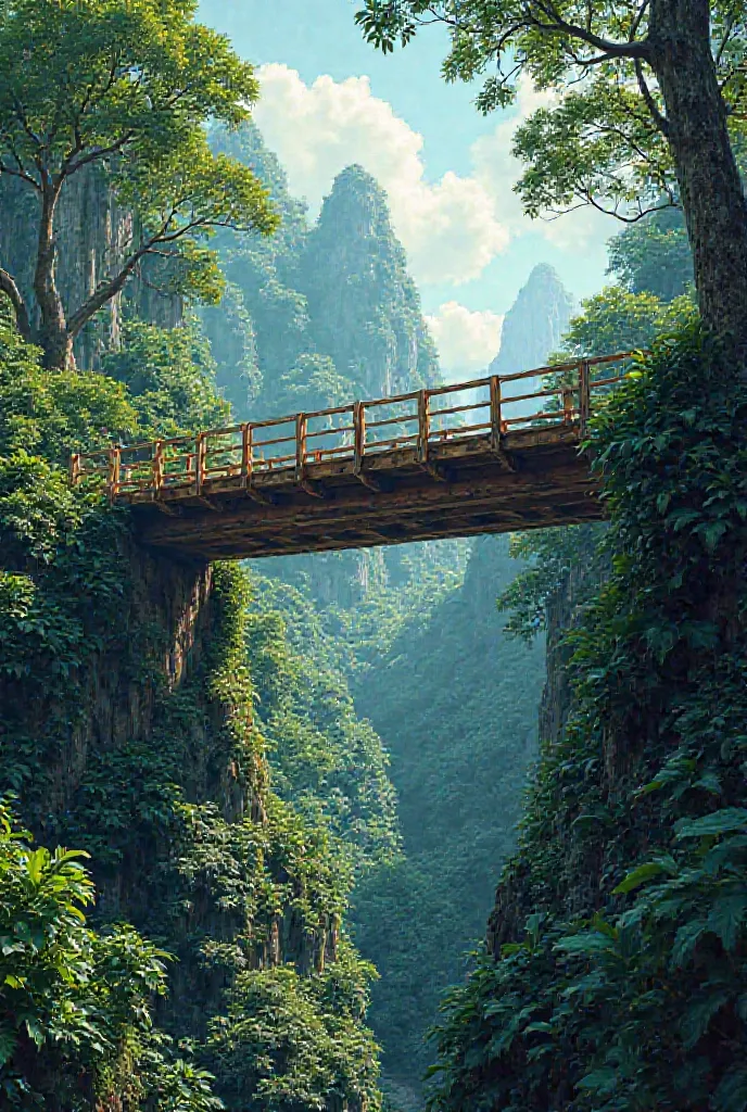 Use only 3 colors to show a bridge in a jungle