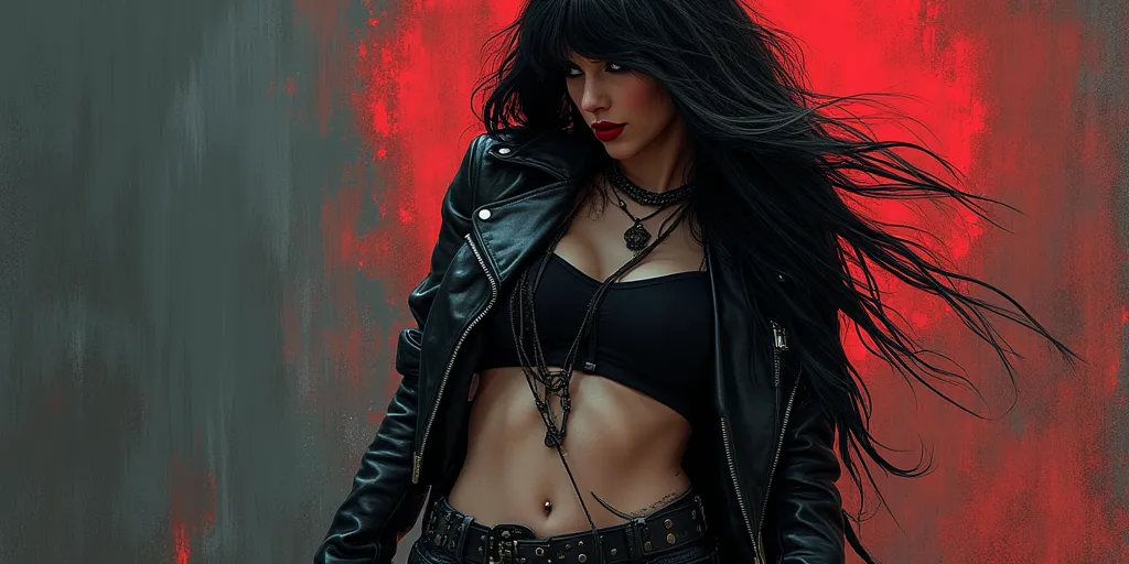 A highly detailed dark fantasy illustration of a leggy dark edgy curvaceous extremely fit heavily muscled woman portrayed by a young Phoebe Tonkin dressed in a gothic/punk style in an art style inspired by Frank Miller and Conan the Barbarian. She's wearin...