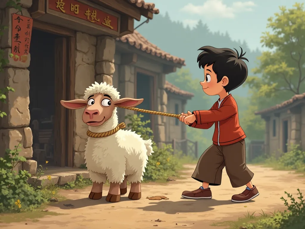  Pixar style。a person in rural China，Doing his best to pull a reluctant sheep out of the sheep's cage。A sheep turns its head against，the rope is being pulled very tight around the sheep's neck。Rural scene，The background is a humble house and a muddy road