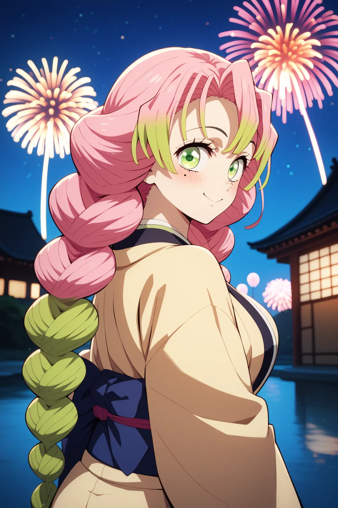 masterpiece,best quality,{{detailed beautiful face and eyes}}, very detailed background,
Kanroji Mitsuri,{{{megami magazine}}},long hair,multicolored hair,pink hair,green hair,twin braids,hair between eyes,a mole,a mole under right eye,green eyes,large bre...