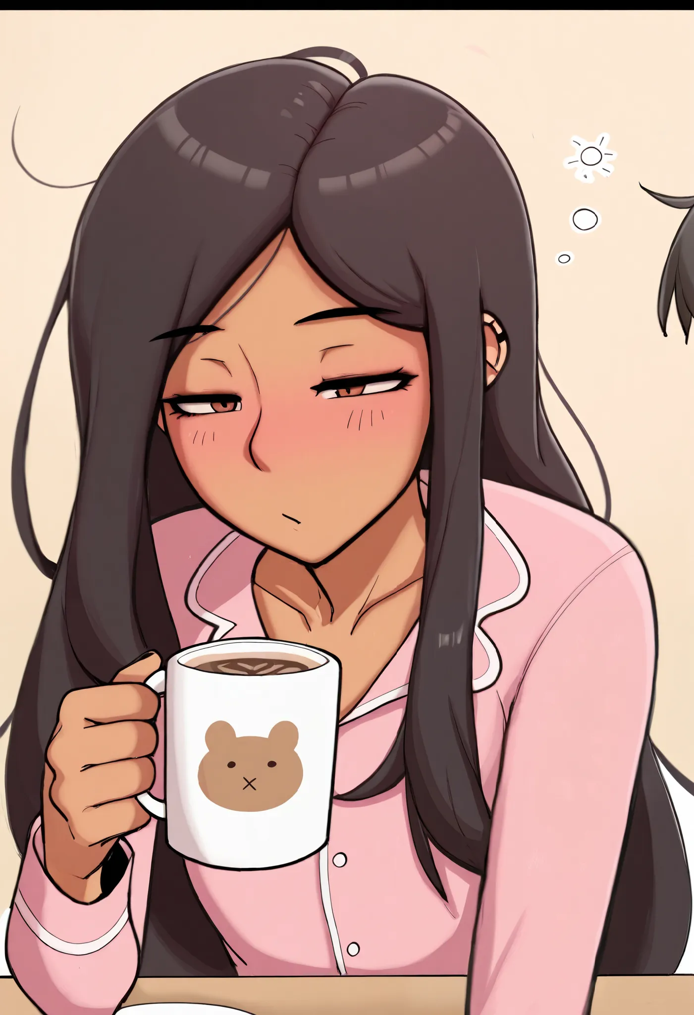 art by dross, artist:dross, best quality, masterpiece, uncensored, 1boy, no bangs, brown skin, black hair, long hair, brown eyes, sleepy, pink pajamas, drinking coffee, warm coffe, face focus