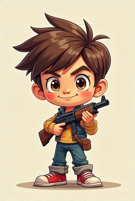 Create me a mascot logo where the mascot is a boy with brown eyes with a gun and who says the word below "Nemma" And let it be in 2D drawing