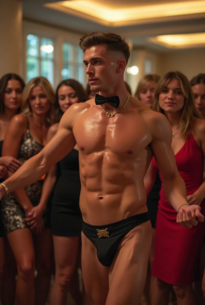 NSFW, modern university Sorority House, large common room, soft spot lighting, 1 man, tall handsome alpha male, professional adult performer, Chippendale Dancer wears baby oil on his entire body, bow tie, jock strap, socks, short neat hair, athletic body, ...