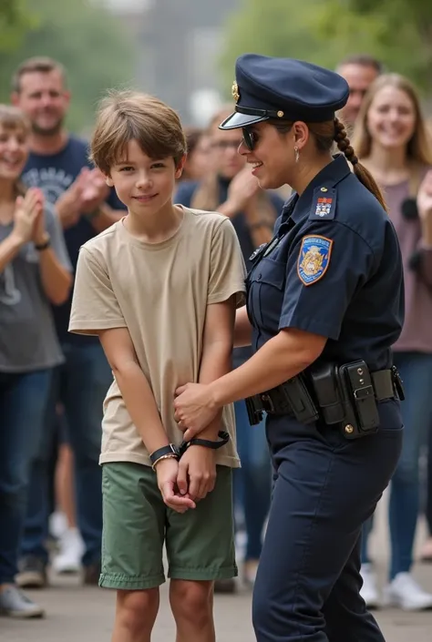 a  boy wearing beige t shirt and green shorts being arrested by adult girl cop wearing full sleeves police uniform and trousers. The cop girl holds his hands behind his back in cuffs as people cheer in the background