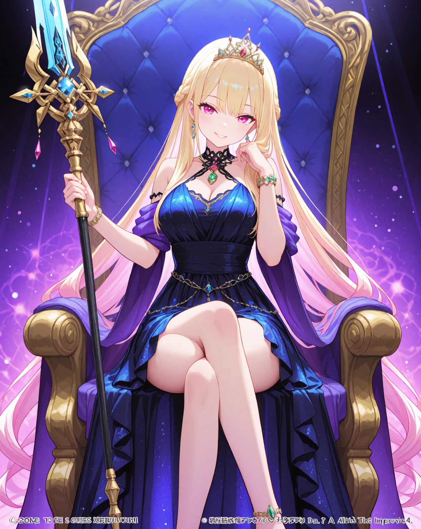 Queen、A gorgeous embroidered, jewel-studded dress、Holy Sword、Luxurious throne、very long hair、 beauty、masterpiece、8k、HD、jeweled tiara、 sexy、 smile with plenty of room、