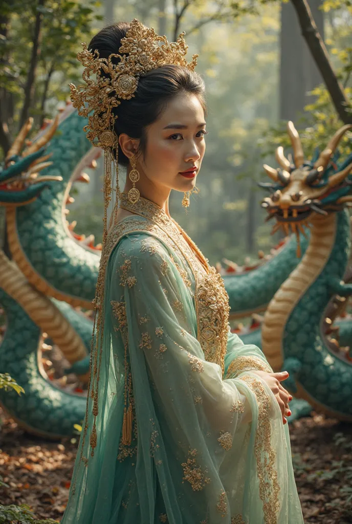 Beautiful queen chinese traditional  in the forest, behind the three dragon 