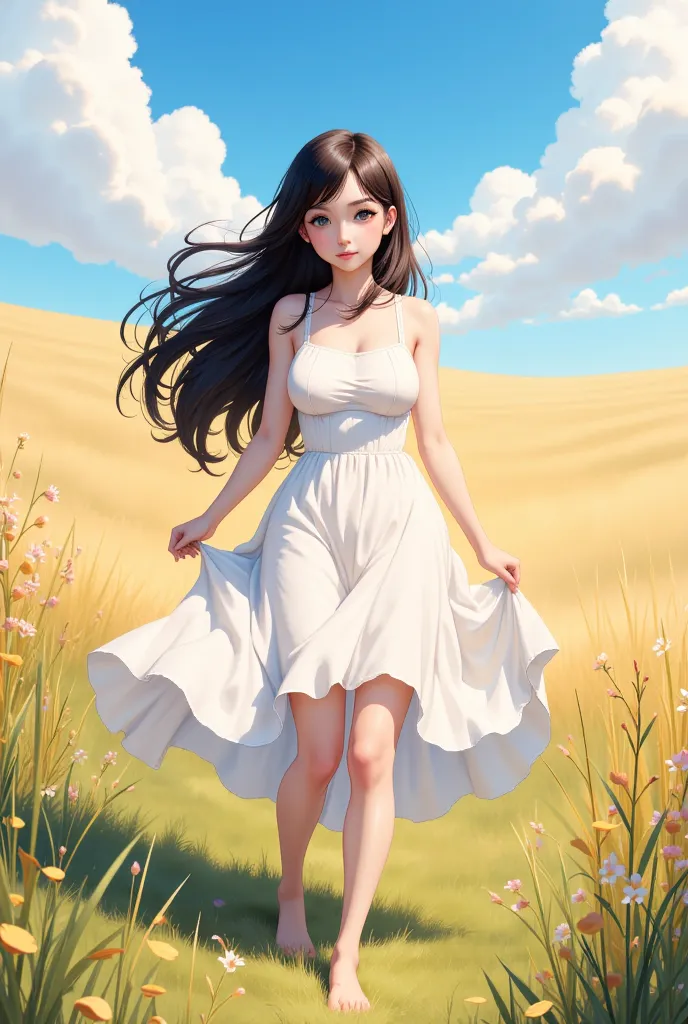 A girl with soft, black hair flowing freely, standing in a golden meadow under a bright blue sky. The sunlight filters through the strands of her hair, highlighting the shine. She wears a flowing white dress, barefoot in the grass, with a serene smile on h...